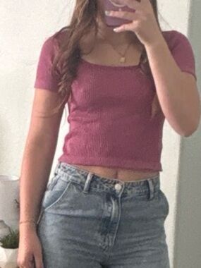 Crop Ribbed Short-Sleeve Top in Mauve Pink
